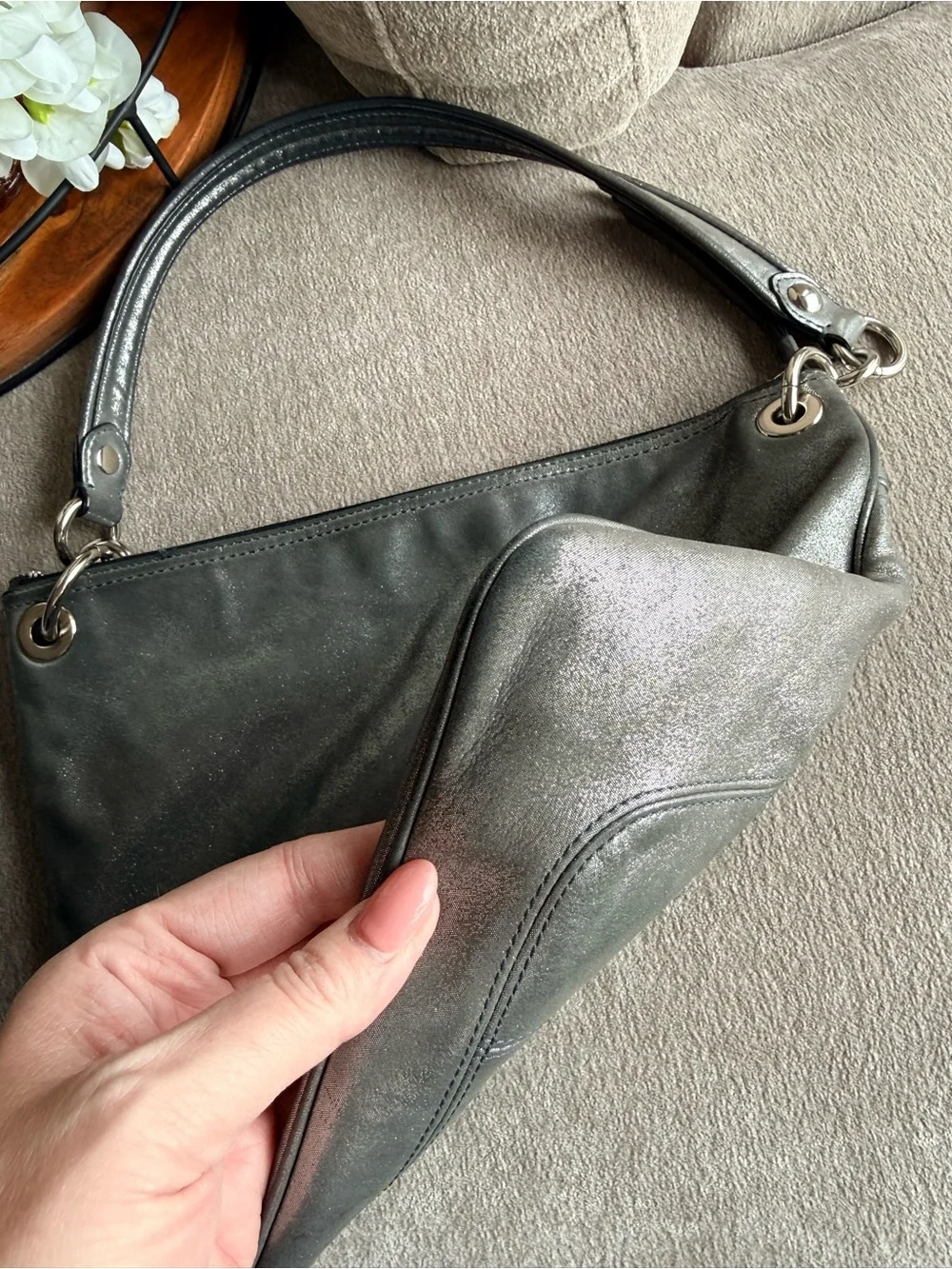 Coach Vintage Y2K Poppy Metallic Silver Leather Shoulder Bag Crossbody